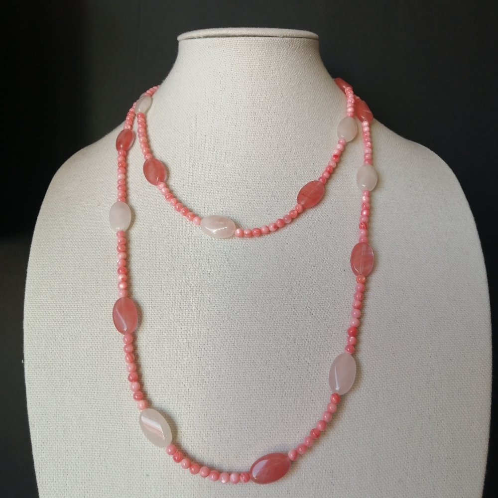 Vintage Onyx Pink Quartz Pink Plastic Beads on Wire Long Necklace